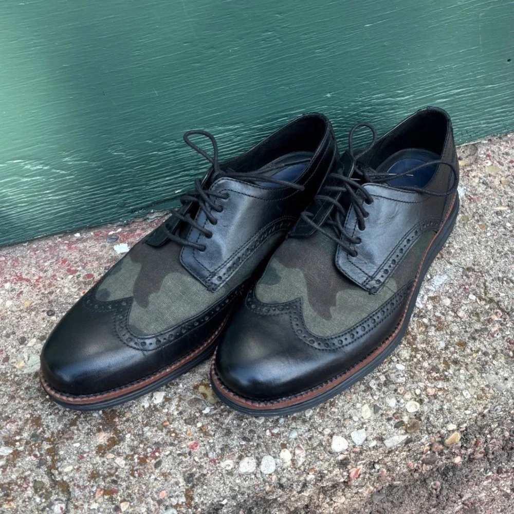 Cole Haan Grand.OS Mens Black Leather Camo Canvas Wingtip Oxford Shoes C23769 9